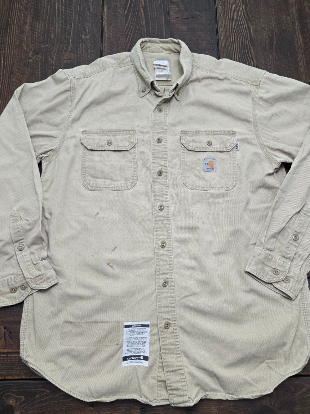 Carhartt FR Shirt Mens Large Khaki Tan Flame Resistant Twill Work Canvas FRS160